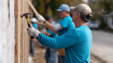 Volunteers Building a Community Fence with Tools in Bright Blue Shirts on a Sunny Day