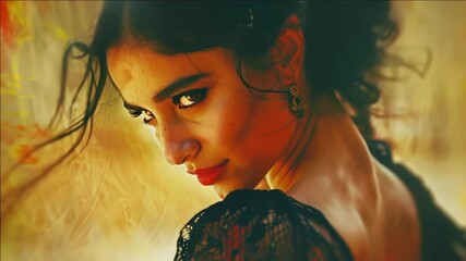 Elegant actress posing with intense gaze, set against warm background, symbolizing passion or drama.