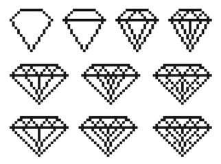 Set diamond icons in pixel style on white background.