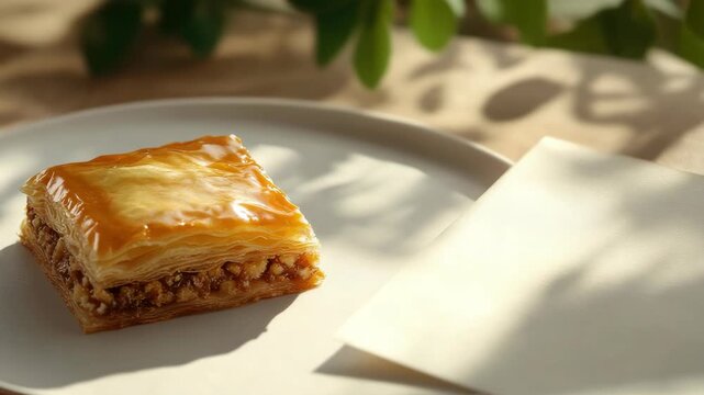 Slice of layered pastry dessert on plate next to napkin, with soft natural lighting