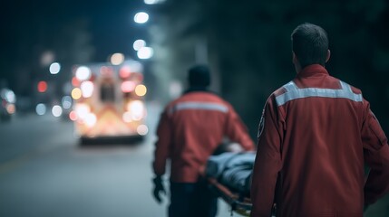 Emergency Medical Technicians Transporting Patient by Ambulance Under Night Sky