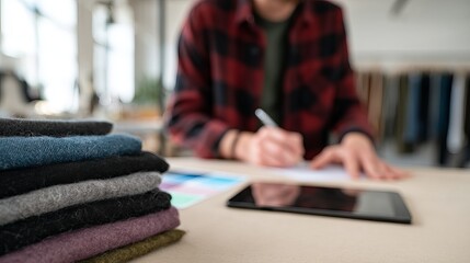Creative Workspace with Fabric Samples and Digital Tablet for Fashion Design Inspiration