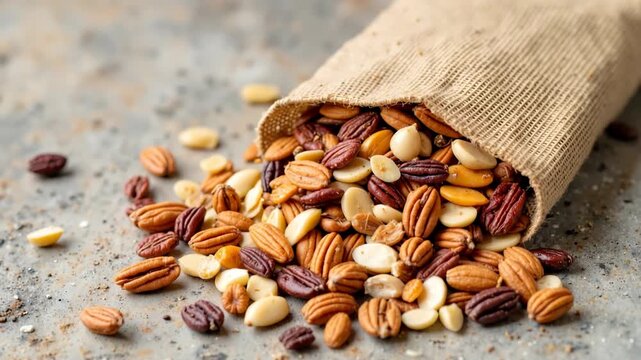 Mixed nuts spilling from paper bag on gray surface, delicious mixed nuts contain pecans and almonds. Heap of mixed nuts presents natural snack, nutritious treat, and source of healthy fats.