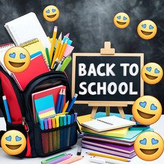 Backpack Full of School Supplies with 'Back to School' Chalkboard & Smiling Emojis
