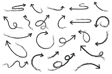 Set of black doodle arrows in curved different shapes on white background. Simple arrow guide line icons.