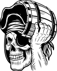 SVG skull of a skeleton pirate captain for tattoo style, Halloween theme. Skull with Barrel in Hand and Pirate Hat in Vintage Style Artwork