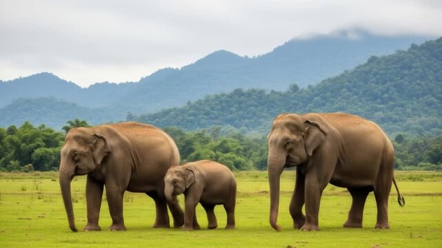 Asian Elephant Family Roaming Freely in Natural Habitat with Mountain Backdrop Video