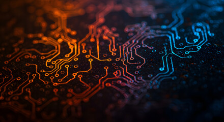 Close-up view of a colorful, intricate electronic circuit board with glowing pathways.