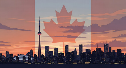 Toronto Skyline Against Canadian Flag at Sunset Urban Landscape and National Pride