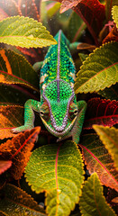 Camouflage master Green chameleon blends seamlessly with vibrant leaves, showcasing nature's remarkable adaptation, and the art of disguise in wildlife photography.