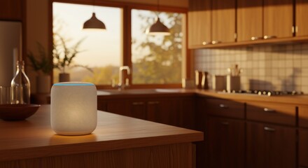 A smart speaker sits on a wooden kitchen counter with a sink and window visible in the background.