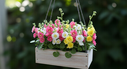 Hanging Floral Basket A Burst of Color in Wooden Planter for Gardens and Patios