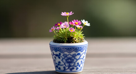 Delicate Miniature Flowers in a Decorative Pot A Study in Floral Detail and Ornamental Design