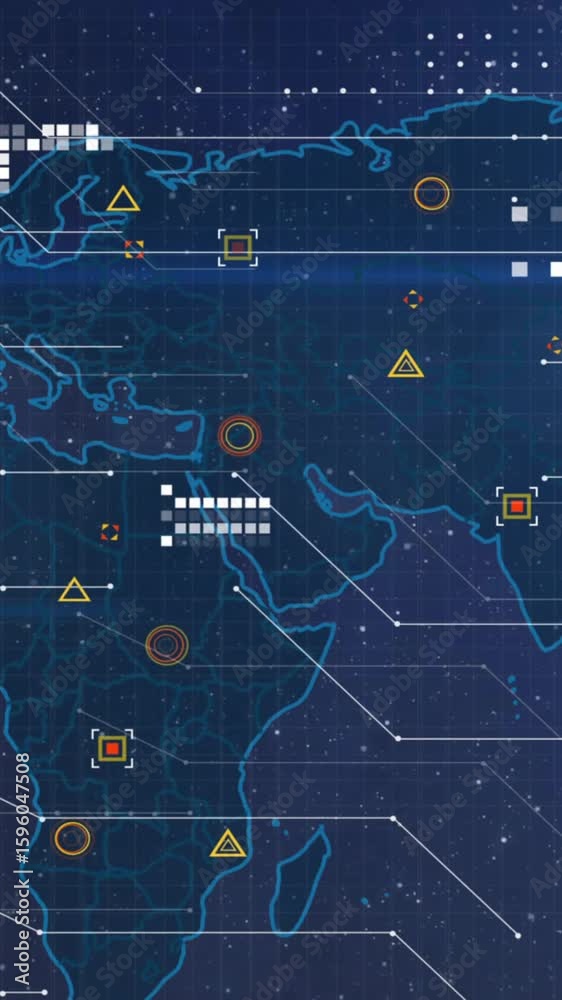 Poster animation of data processing over world map on dark background