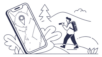 Hiker with Binoculars and Backpack Navigating with a Smartphone Map.