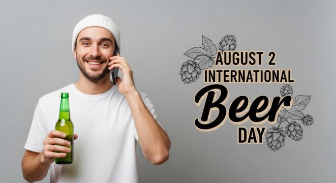 A smiling man celebrates international beer day on august 2nd while holding a beer bottle and talking on the phone