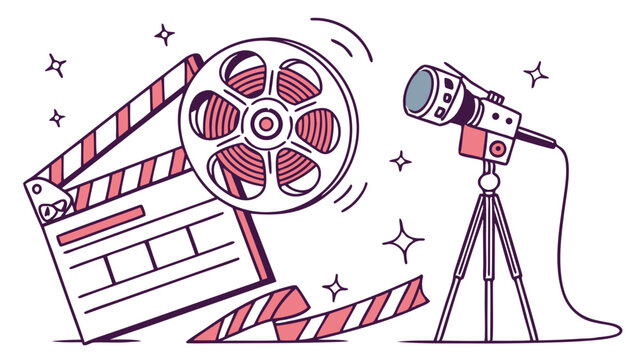Illustrated Film Production Equipment Clapperboard Reel and Camera.