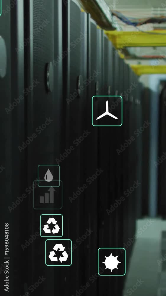 Poster animation of eco icons and data processing over computer servers