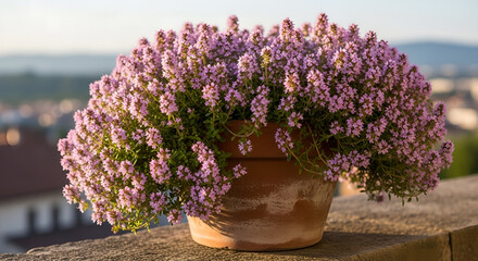 Blooming Thyme Aromatic Herb in Terracotta Pot, Captured in Soft Focus with a Serene Backdrop