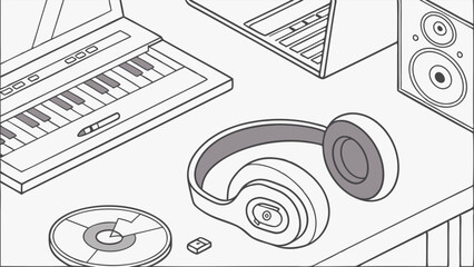 Isometric Music Production Setup with Keyboard Laptop and Headphones.