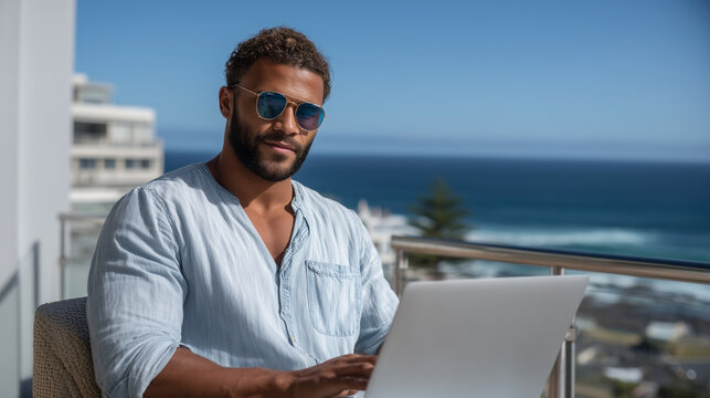 A freelancer works from a laptop on a balcony overlooking the sea, logged into multiple gig platforms, relaxed yet focused freelancer lifestyle, digital nomad, online platforms, Up