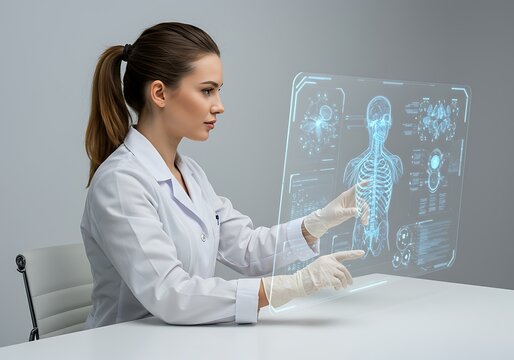 Woman doctor examines holographic human anatomy medical