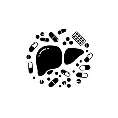 Liver vector illustration, surrounded by various pills and capsules. Medicine and treatment concept. Polypharmacy problem metaphor. Overtreatment and overdiagnosis issues