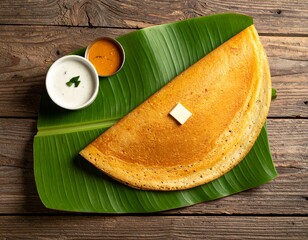 A delicious benne masala dosa placed on a fresh green banana leaf with the stem prominently visible, set against a rustic background. The dosa appears golden, buttery, and crisp, with potato masala pe