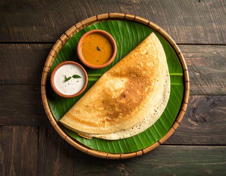 A delicious benne masala dosa placed on a fresh green banana leaf with the stem prominently visible, set against a rustic background. The dosa appears golden, buttery, and crisp, with potato masala pe