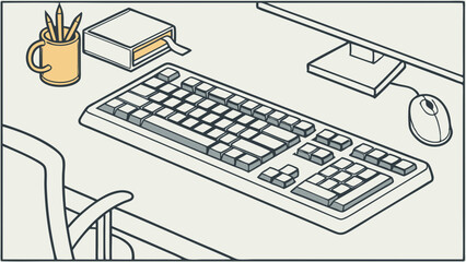 Office Desk Setup with Computer Keyboard and Mouse.
