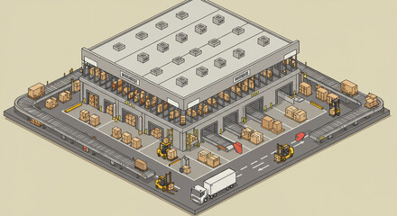 Isometric Warehouse Facility: Efficient Goods Handling and Logistics.