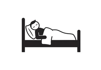 A simple black and white drawing of a person sleeping in a bed under a blanket on a pillow