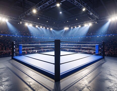 Illuminated Empty Boxing Ring with Spectator Stands - Powered by Adobe