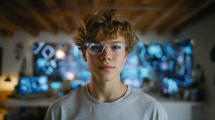 Obraz premium Young teenager in a high-tech studio, designing neon signs with interactive AI overlays and digital tutorials, glowing effects and futuristic environment, learning visual design fu