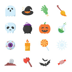 Flat Halloween Icon Set – Cute Spooky Ghost, Pumpkin, Zombie Hand, Witch Hat, Candy, Bat, Eyeball, Axe, Cauldron, and More – Perfect for Kids, Party, and Holiday Design Projects