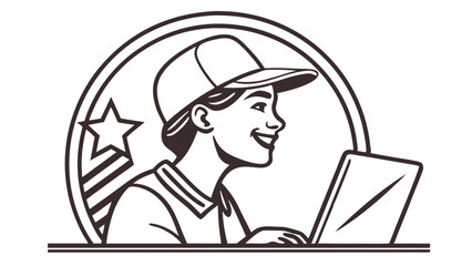 Smiling Person with Cap Working on Laptop Inside Emblem.