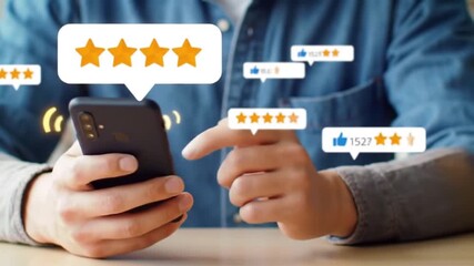 Man using smartphone, increasing stars rating. Mobile app review, feedback, online survey, customer satisfaction, social media engagement concept. - Powered by Adobe