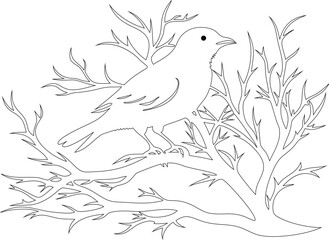 Silhouette Bird on Leafy Branch Illustration