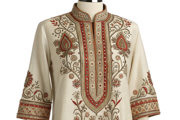 Obraz premium Ornate Embroidered Tunic Detailed View of a Three Quarter Sleeve Shirt isolated on AI Generated by PNG