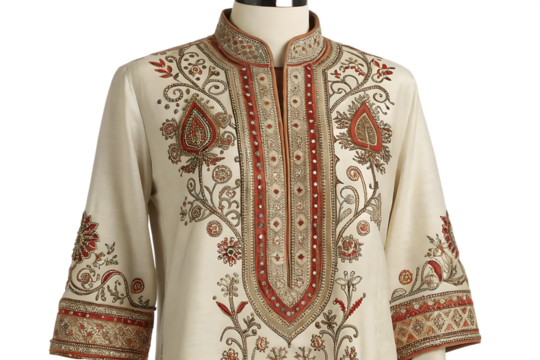 Ornate Embroidered Tunic Detailed View of a Three Quarter Sleeve Shirt isolated on AI Generated by PNG