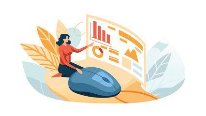 Woman interacting with data visualization on screen with large computer mouse design element is present