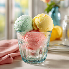 strawberry, lemon and mint ice cream in a glass