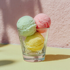 ice cream with mint, vanilla and strawberry in a glass