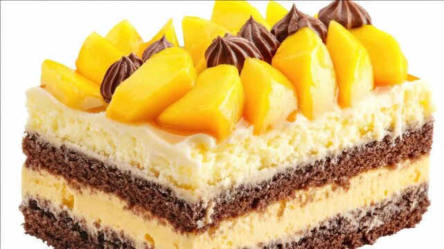 An indulgent dessert featuring rich chocolate layers topped with a generous serving of fresh mango slices and delicate chocolate shavings.