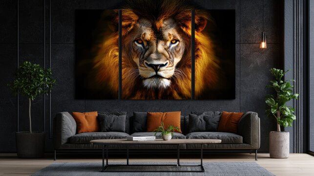 Elegant living room with a large lion art print as a striking focal point