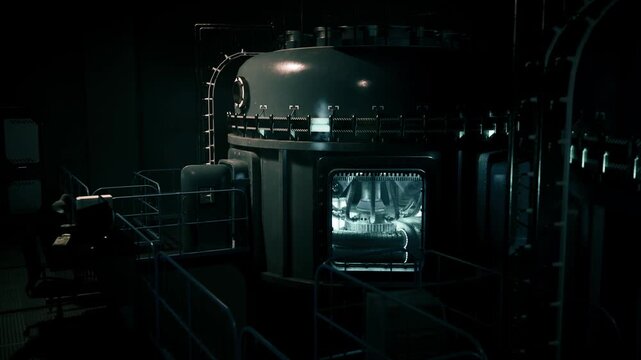 The laboratory is filled with intricate machines and darkened surroundings, with a glowing tank revealing advanced scientific processes in a futuristic setting.