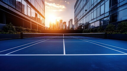 Urban tennis court with cityscape view at sunrise creating a modern vibe