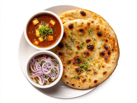 Overhead shot of kulcha stuffed paneer served with chole and onion salad vibrant North Indian meal traditional street food style isolated on white background