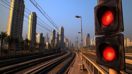 Cityscape view with traffic lights showing red, railway tracks and modern skyscrapers