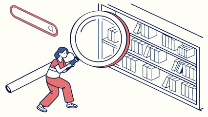 Woman Using Magnifying Glass to Search Bookshelf.